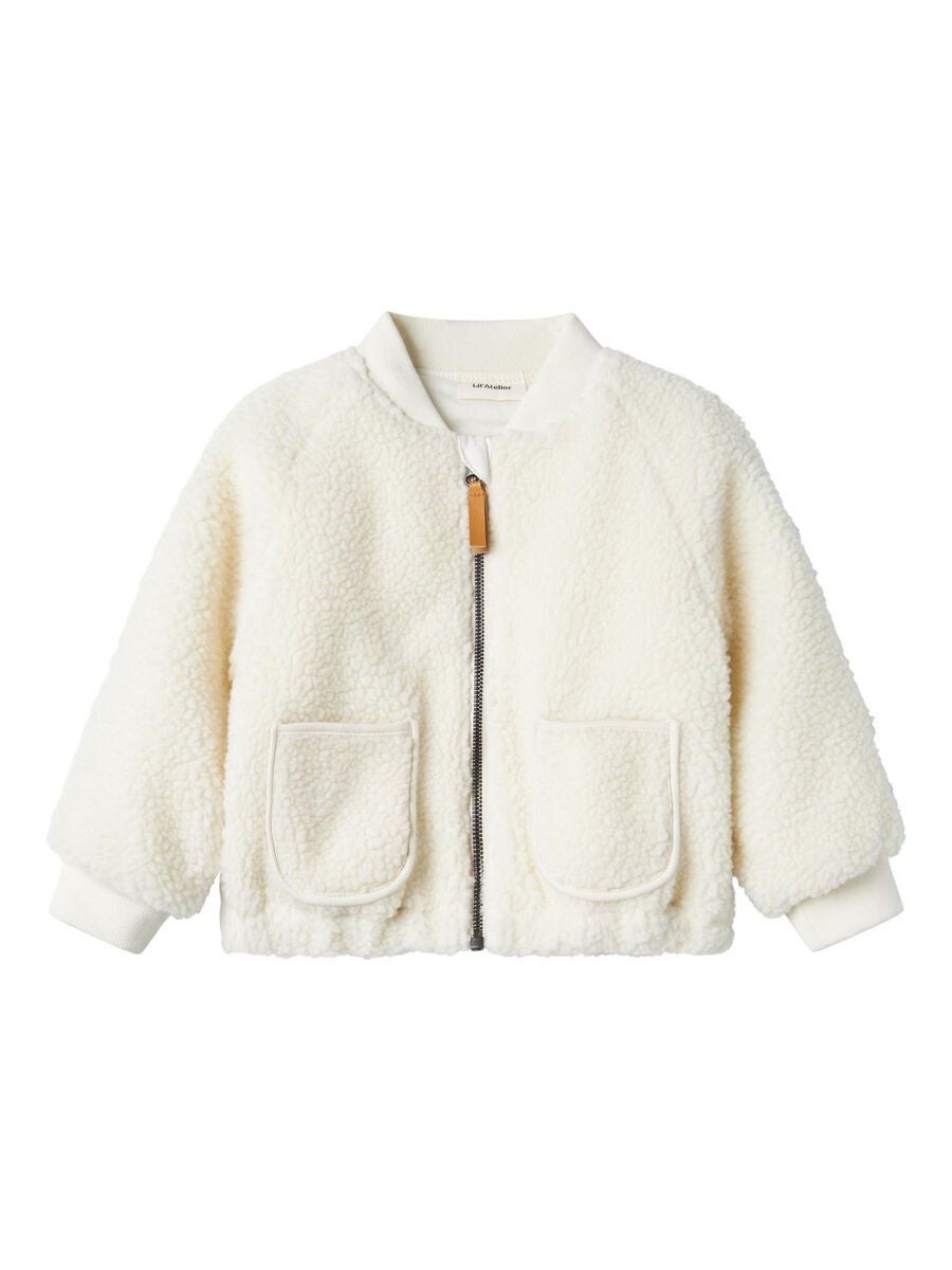 Lil Atelier cream teddy bomber jacket with bee embroidery