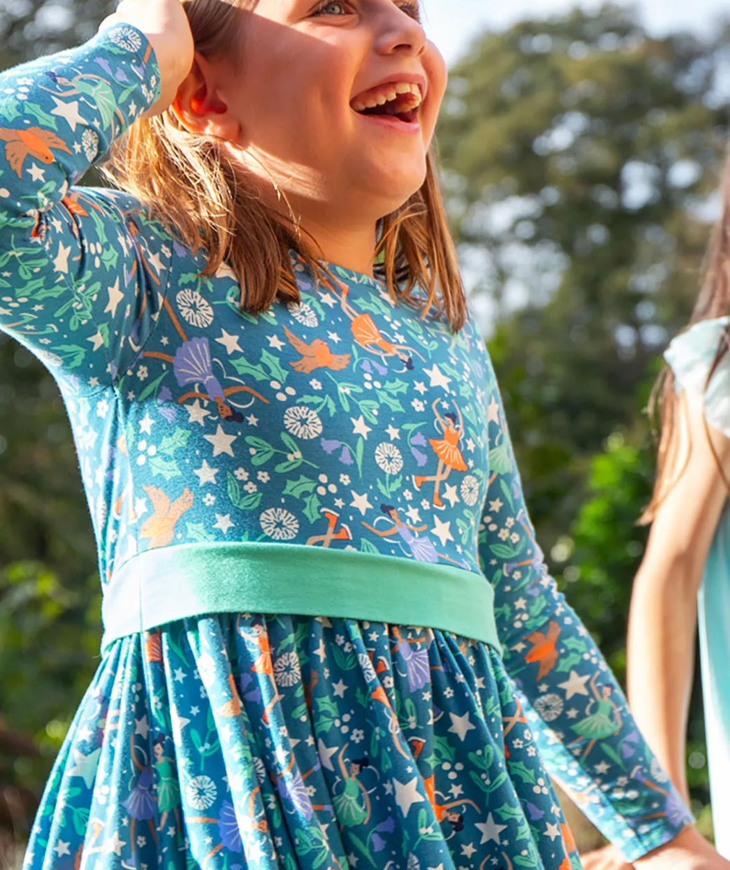 Frugi Enchanted Forest Blue Party Skater Dress Bloom and Alfie